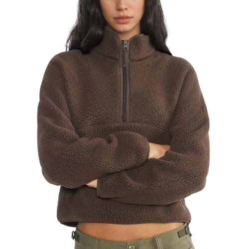 Womens Fleece Half Zip Pullover Fuzzy Sherpa Jacket with Pockets(Brown,M) | Amazon (US)
