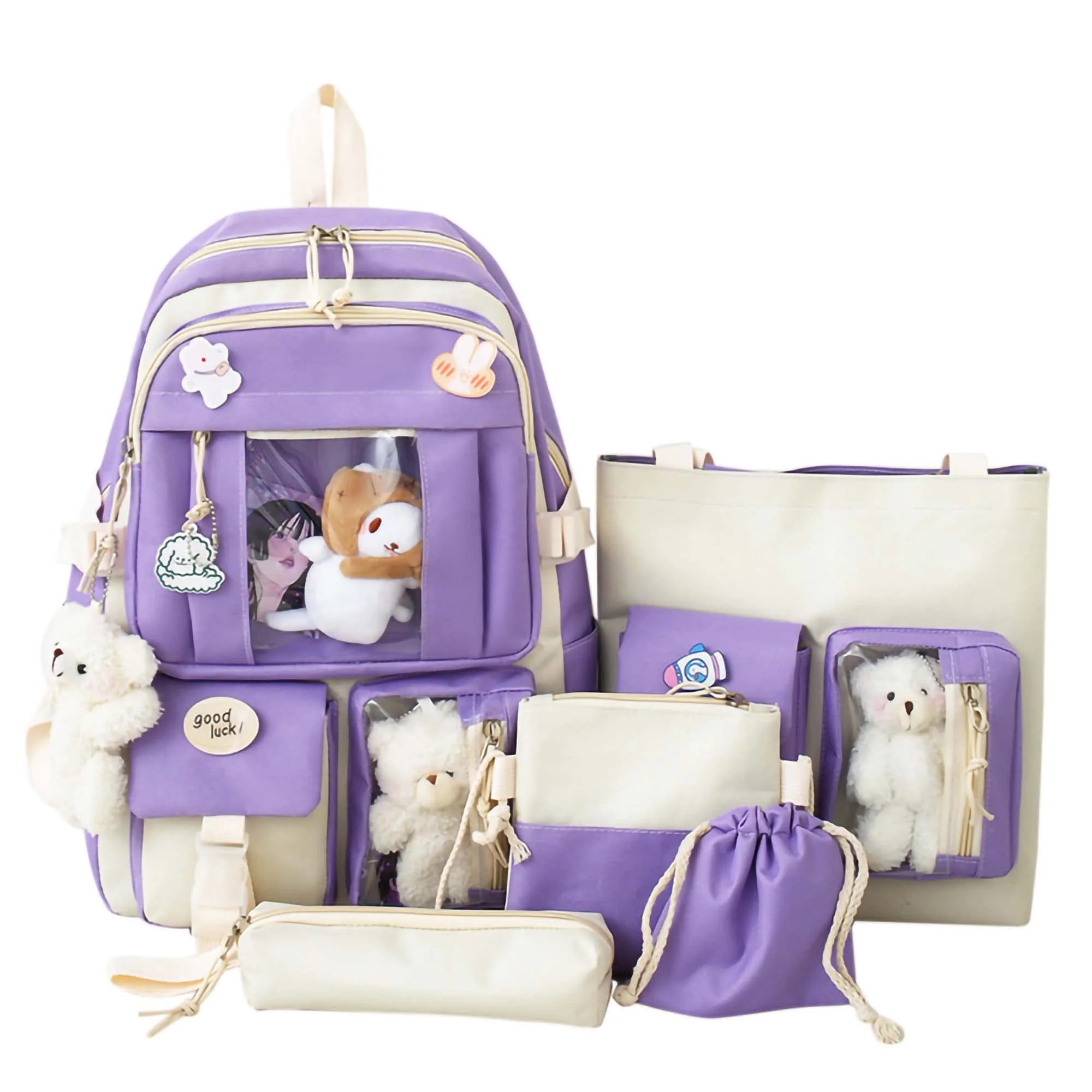Sanmadrola 5PCS School Backpacks Cute Plush Bear Backpack Set with Pendants and Pins Accessories ... | Walmart (US)