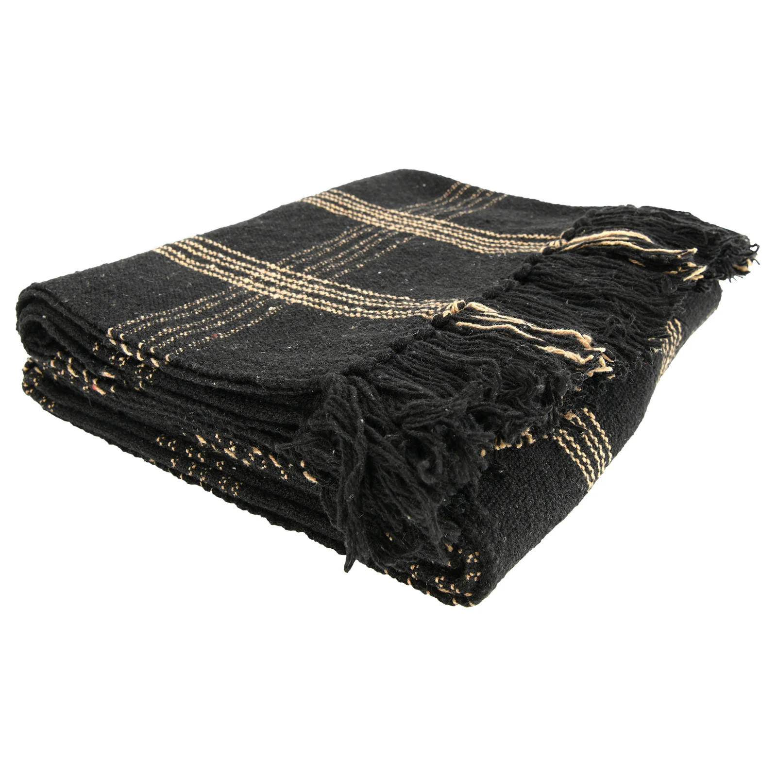 Eunice Soft Woven Reclaimed Cotton Blend Throw with Fringe, Black and Tan Plaid | AllModern