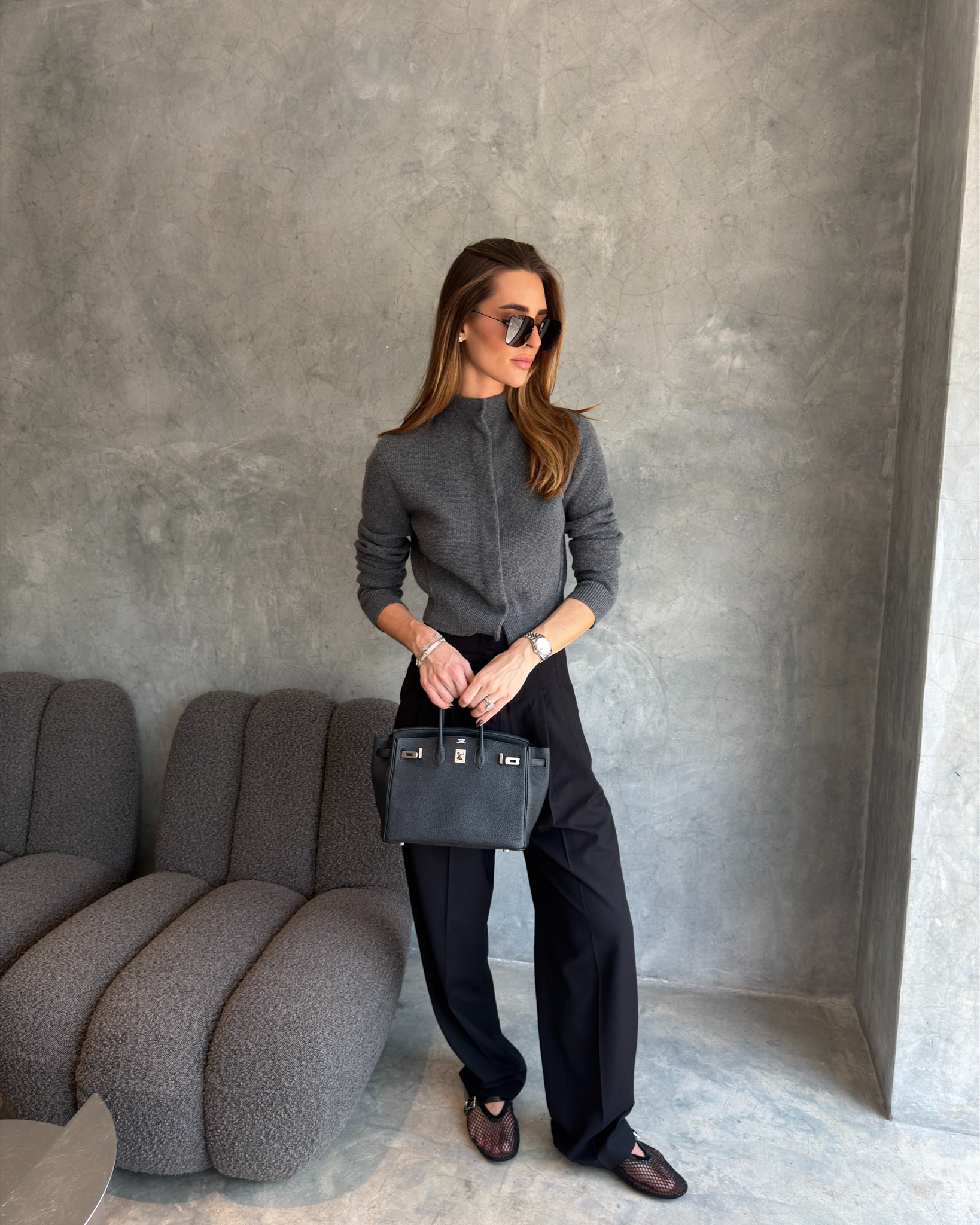 Grey aesthetic, grey outfit, black trousers, the Frankie shop outfit, H&M studio, cashmere outfit