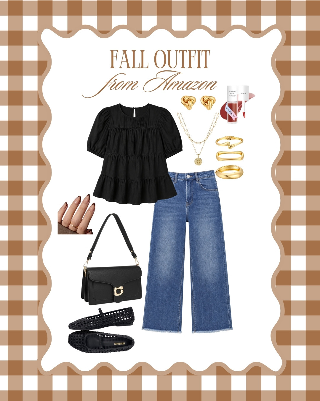 Easy fall outfit from Amazon!! 🤎🍂 Love the black top paired with wide-leg denim and gold accessories! 

 #LTKootd #LTKSeasonal #LTKSaleAlert
