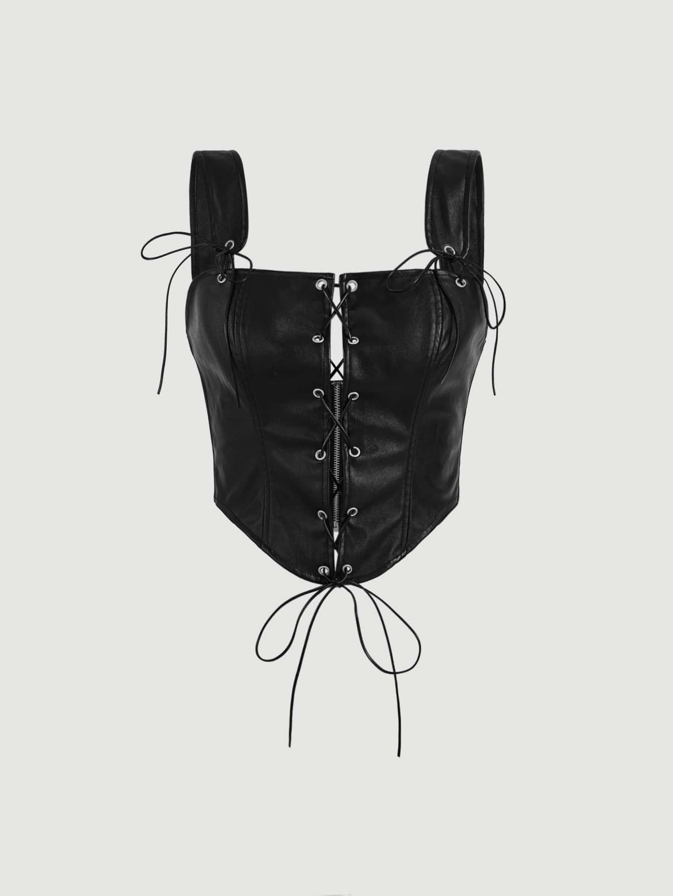 New
     
      SHEIN MOD Grommet Lace Up Front Bandana Hem PU Leather Cami Top | SHEIN