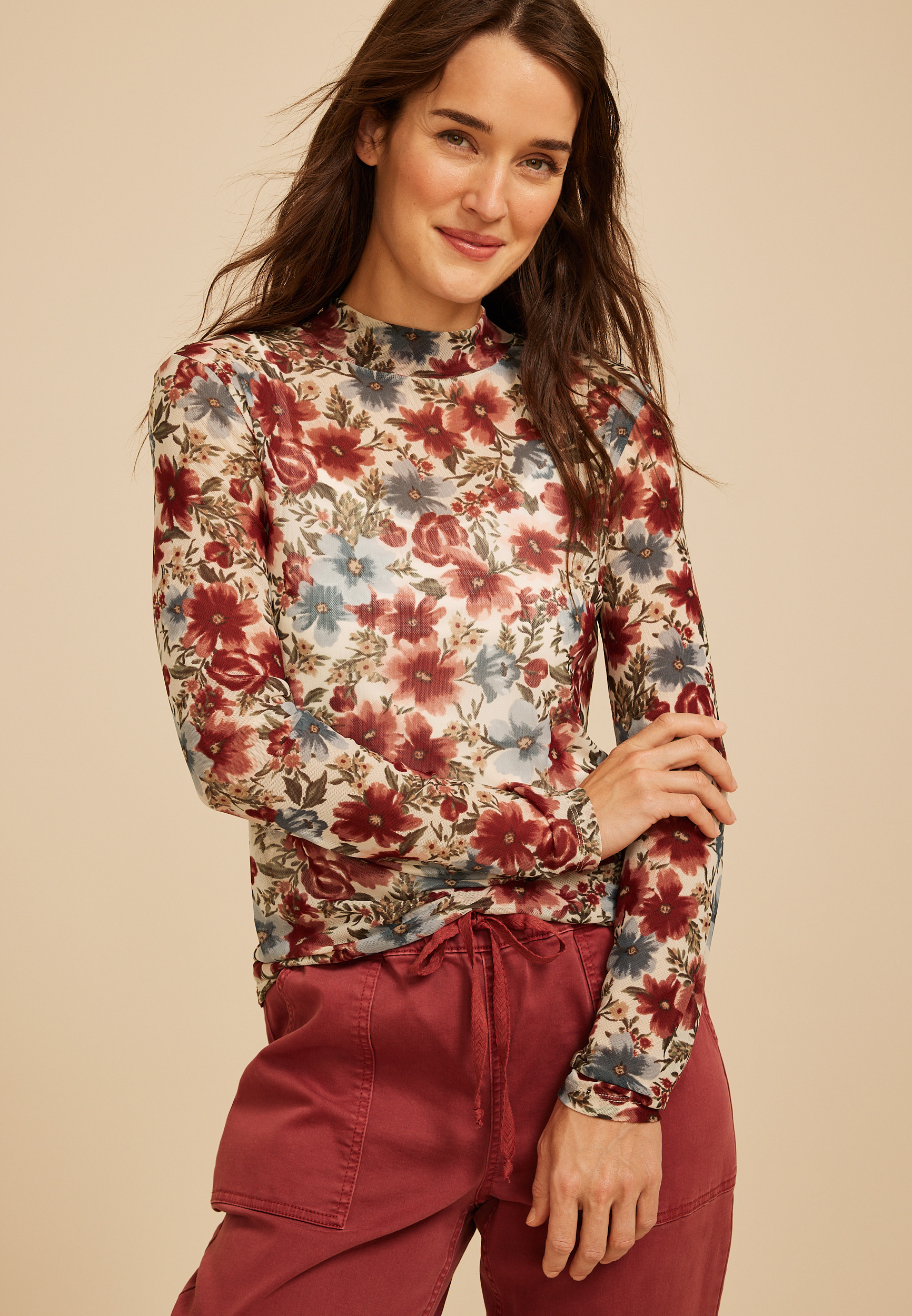 Floral Mesh Mock Neck Top | maurices | Maurices