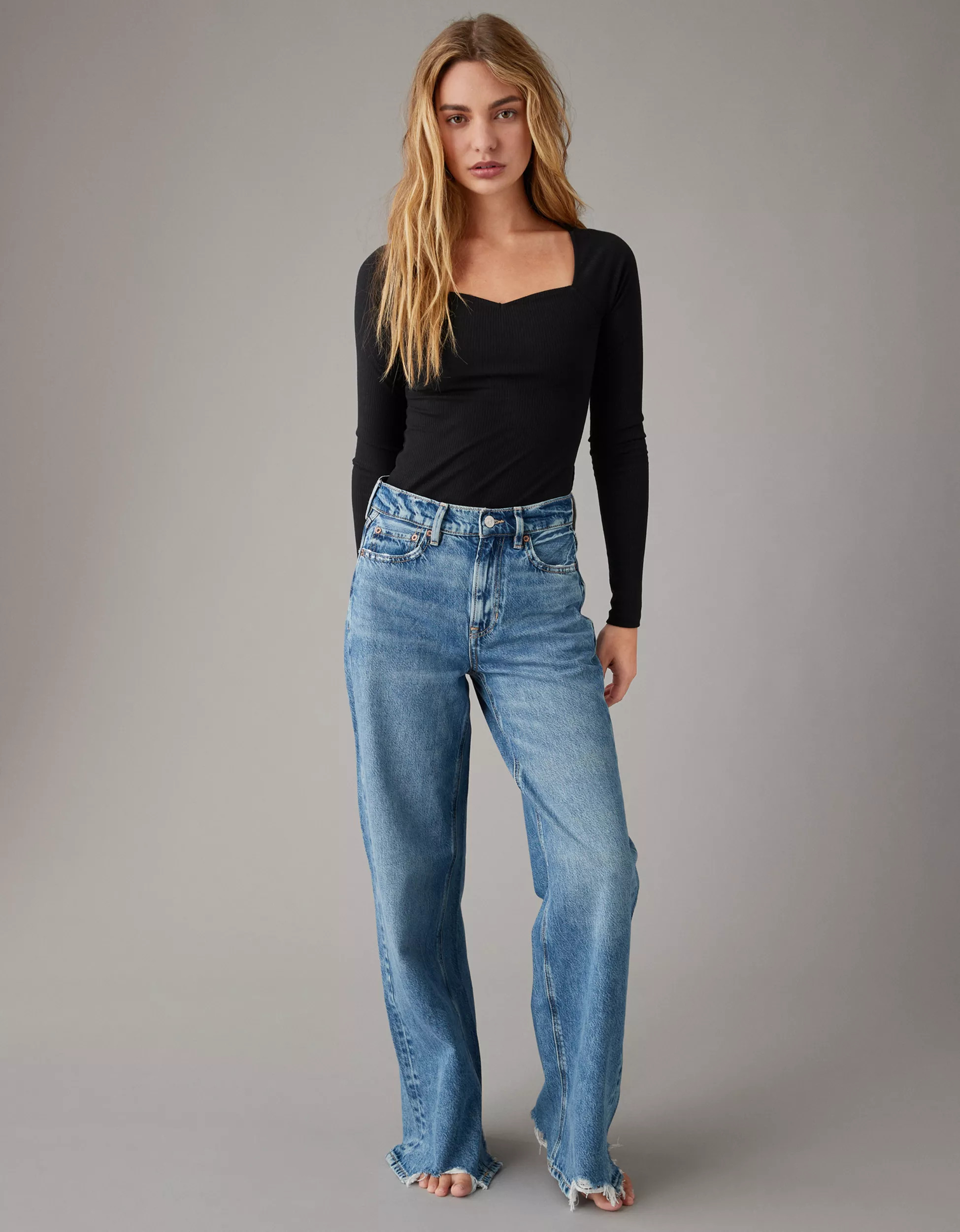 AE Long-Sleeve Sweetheart-Neckline Bodysuit | American Eagle Outfitters (US & CA)