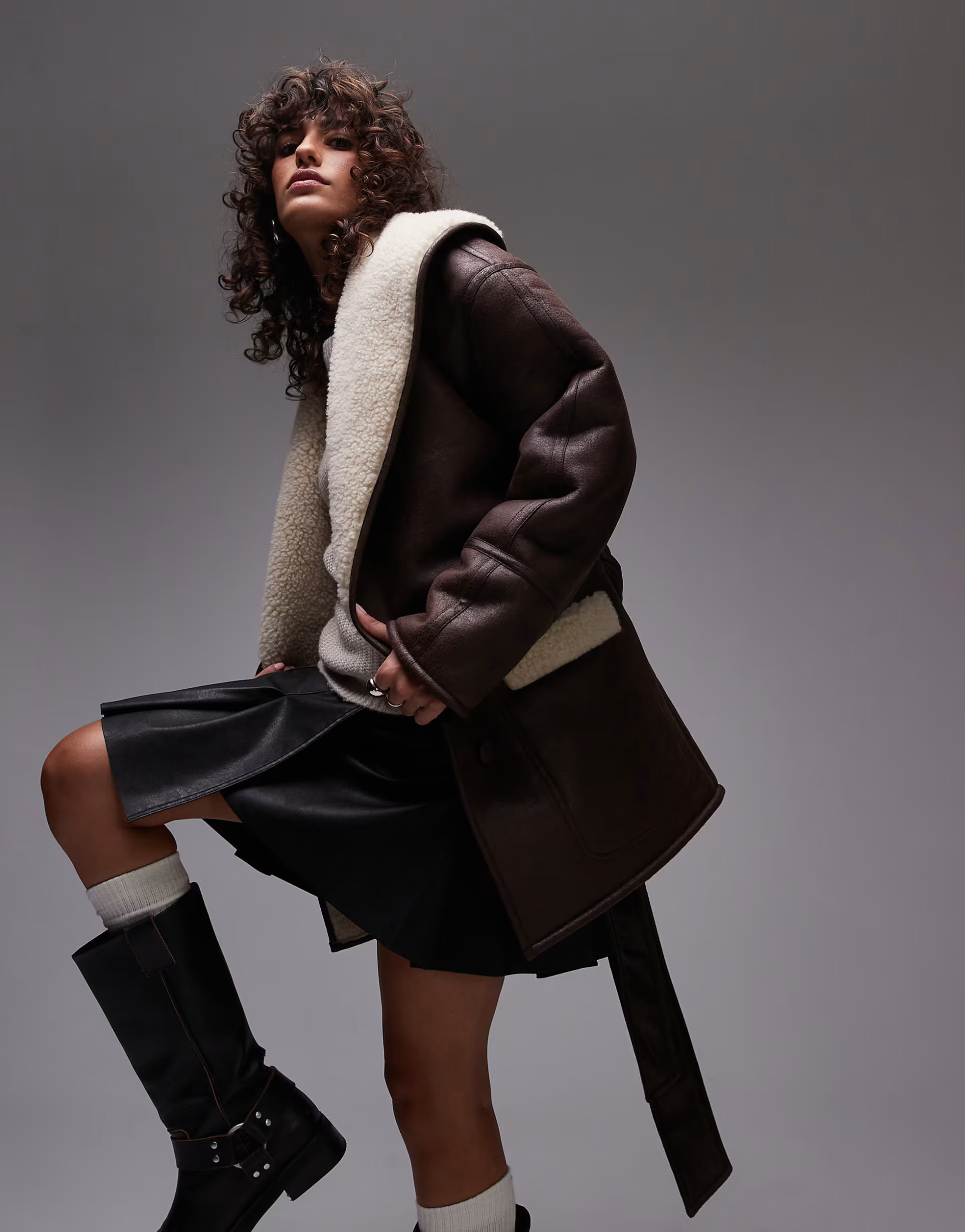 Topshop belted faux suede jacket in brown and cream | ASOS (Global)