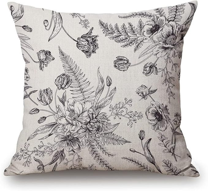 Floral Pattern Bouquets of Spring Flowers Black and White Cotton Linen Square Throw Waist Pillow ... | Amazon (US)