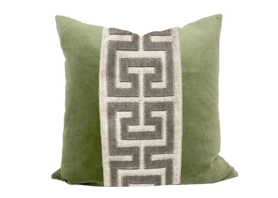 Sage Green Square Velvet Pillow Cover with Large GRAY Greek Key Trim | Etsy (US)