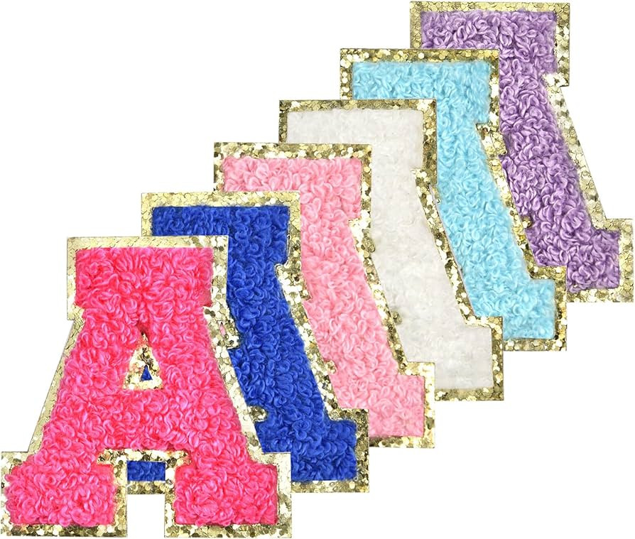 6Pcs Self Adhesive Chenille Letter Patches Iron on Varsity Preppy Letter Patches Stick on Glitter... | Amazon (US)