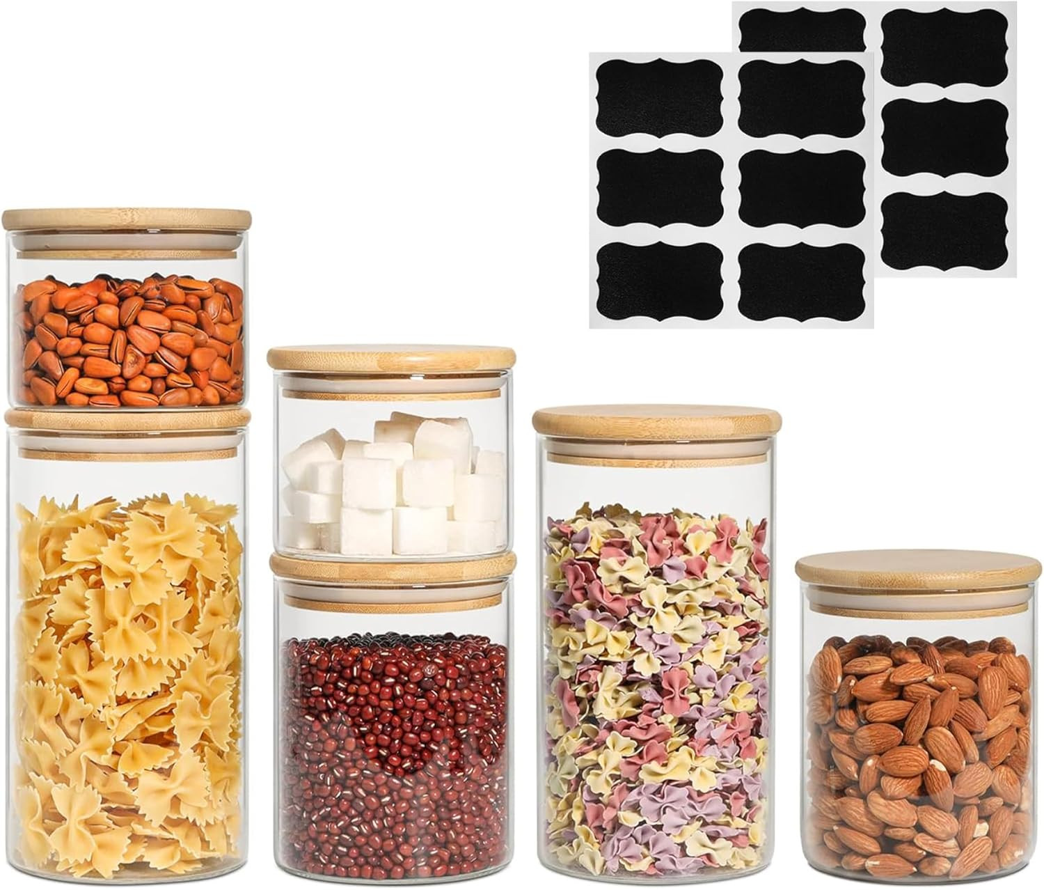 ComSaf Food Storage Container with Airtight Bamboo Lid Set of 6, Clear Glass Canister Food Jar wi... | Amazon (US)