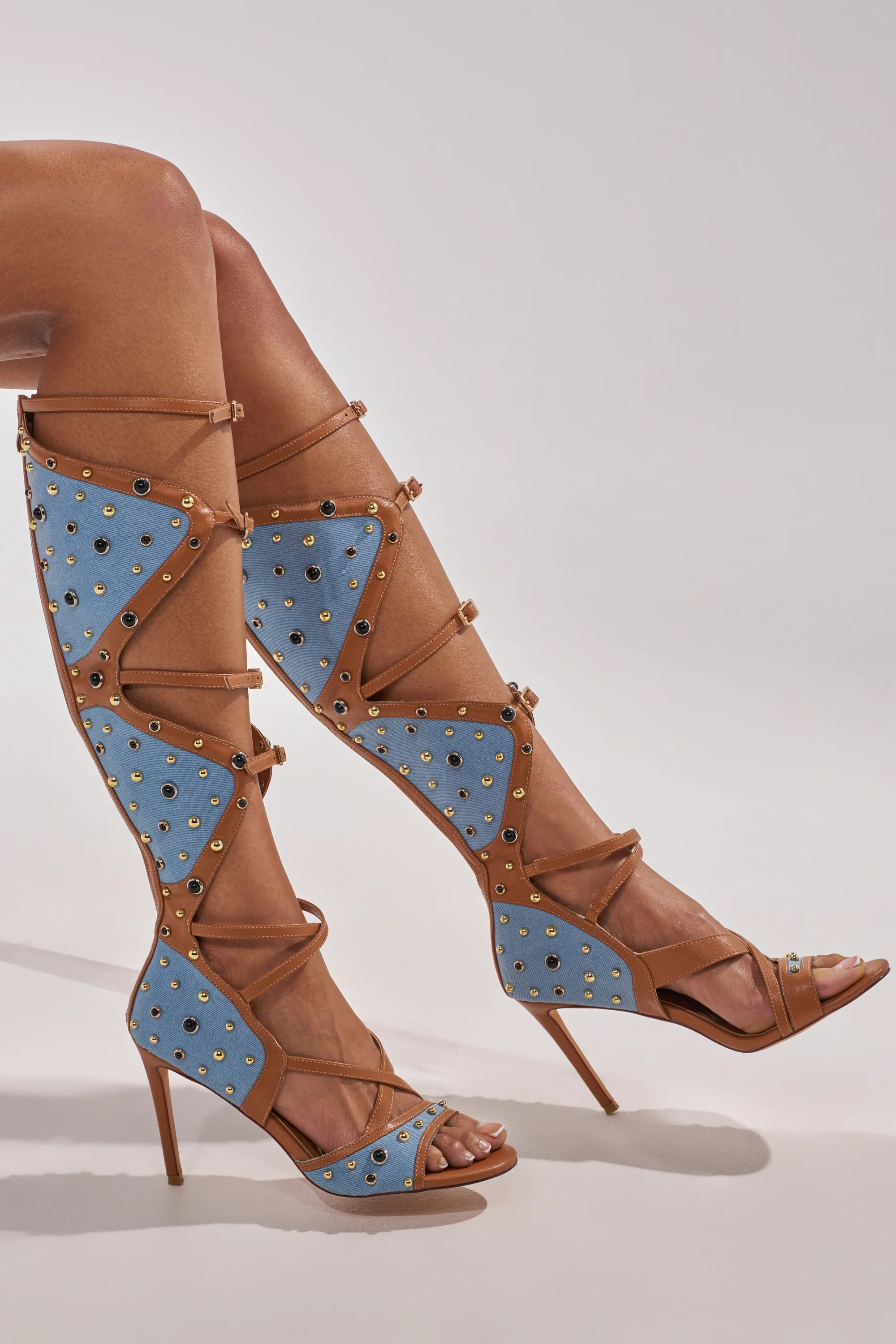 AKIRA GOLD LULANA DENIM METAL STUDDED GLADIATOR STILETTO SANDAL | AKIRA