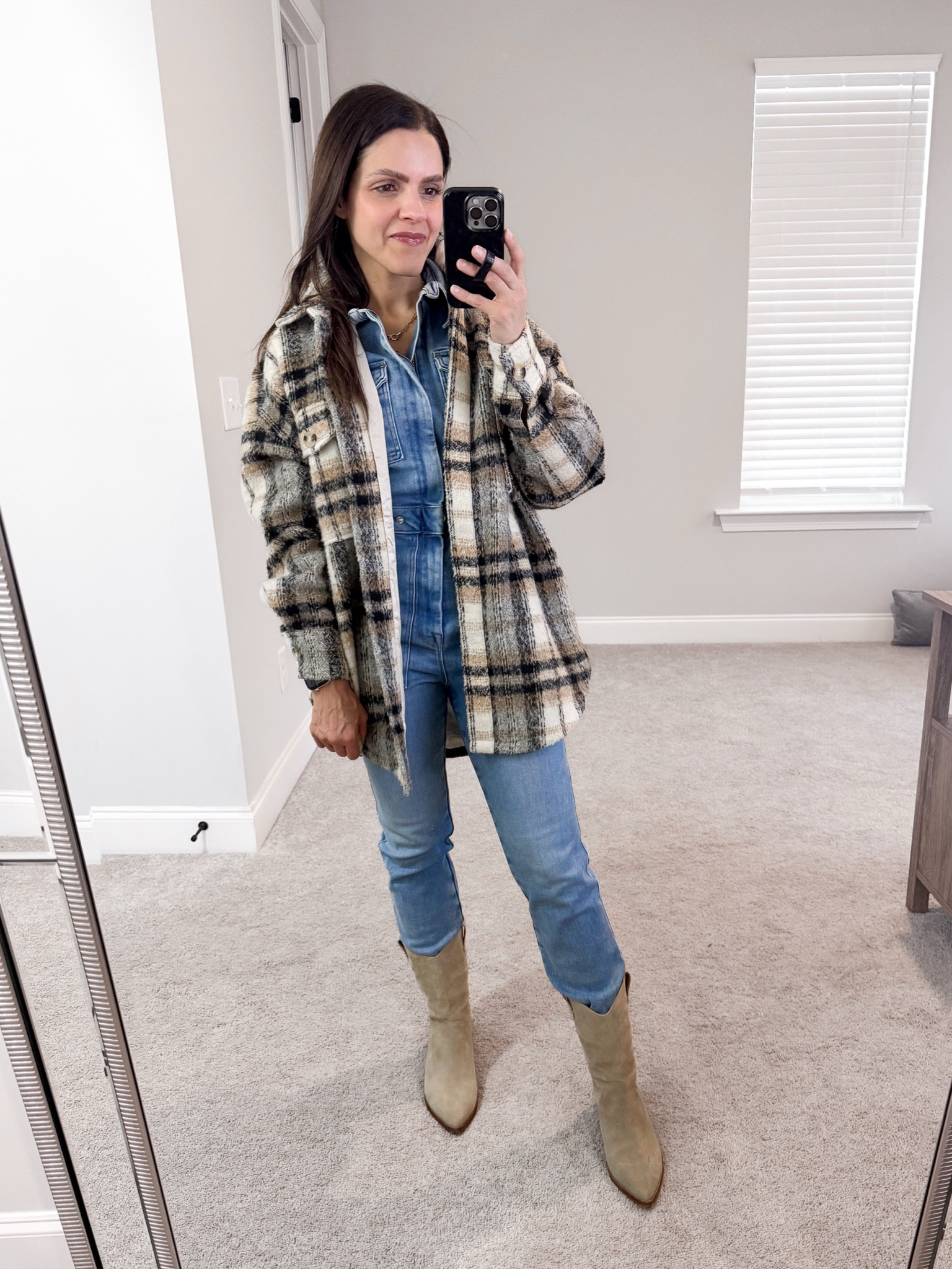 Winter outfit inspo — recycled #ootd - Denim jumpsuit, western boot, plaid shacket 

#LTKStyleTip