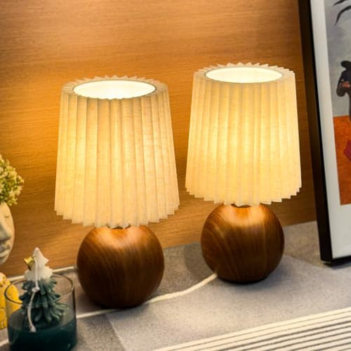 Small Pleated Table Lamp Set of 2 for Bedroom, Mini Bedside Lamps for Nightstand with Round Fabric Linen Shade, Dimmable Desk Lamp, Cute Table Lamps for Small Spaces for Living Room, Kids Room | Amazon (US)