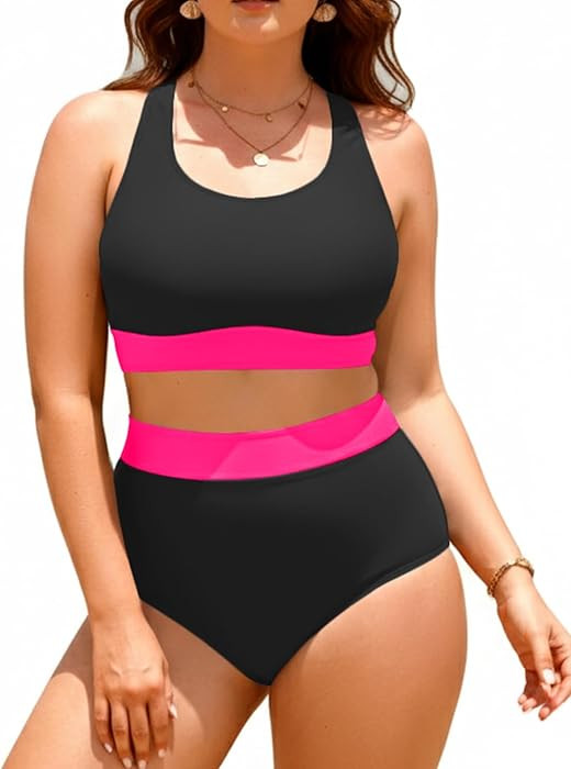 Aqua Eve Plus Size Two Piece High Waisted Bikini Swimsuits Scoop Neck Bikini Set Sporty Bathing S... | Amazon (US)