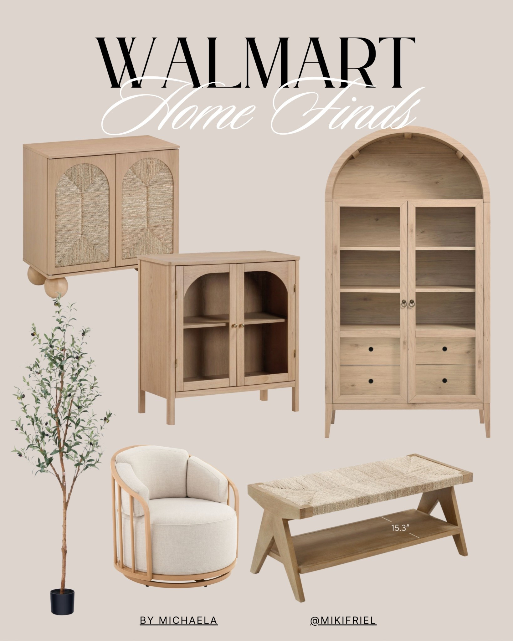Walmart furniture finds. Artifical olive tree. Cabinet. Accent chair. Affordable furniture. Storage. Bench. Arched Cabinet. 

#LTKHome #LTKFindsUnder100 #LTKSaleAlert