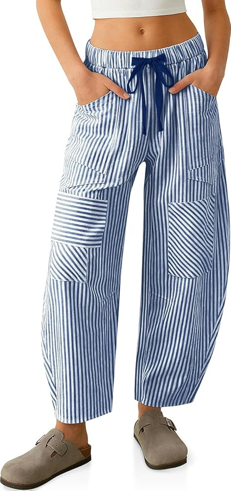 TARSE Women's Striped Linen Barrel Pants Wide Leg Drawstring Baggy Summer Beach Lounge Pants with... | Amazon (US)