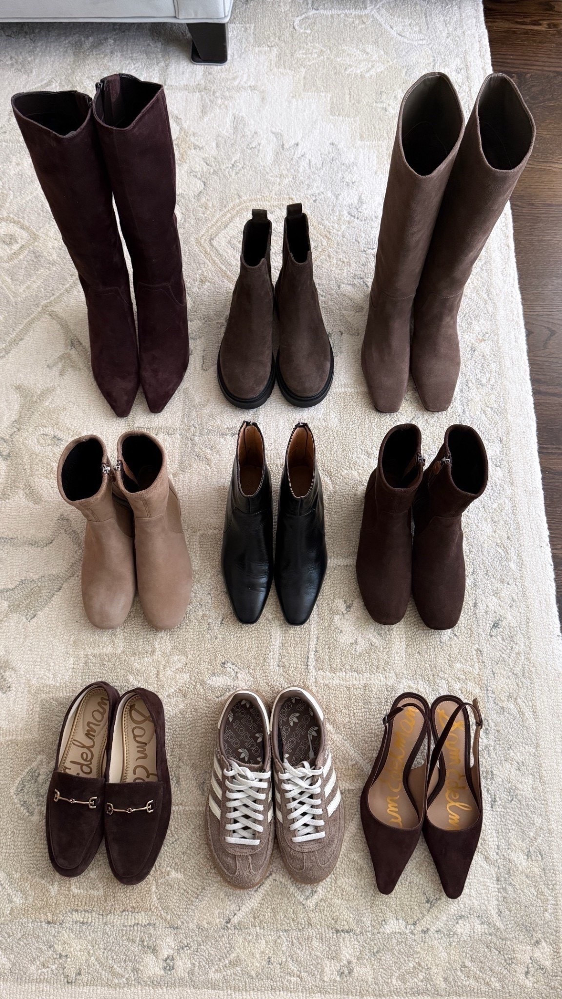 Winter shoes clockwise from top left.

1. Zipper knee high boots: Naturalizer boots 5.5, with 3 calf sizes (not to be confused with foot width on the time page!) . The narrow calf is nice and fitted on me. 

Size 5.5 narrow measures 14 to 15” high shaft height (it slopes) and 12.7” around the calves. 

2. Vince water resistant Chelsea boots sz 5, also linked a super similar nordstorm pair for less (size down for the Nordstorm version)

3. Pull-on knee high boots: Steve Madden boots 5.5, these are a loose calf fit on me, for wearing over jeans and pants 

Size 5.5 measures 14.5” shaft height and 14.75” around the calf. 

I ended up keeping dark brown instead of taupe for the Steve Madden boots

4. Gentle Souls ankle boots 5.5, runs a little narrow in the toe. These common several different versions that are all extremely similar and have different style names, but fit the same way.

5. Madewell dimes ankle boots 5H, runs a little narrow at the toe I wear the brown the most!

6. Loafers: Sam Edelman Loraine loafers 5.5 

7. Kitten heels: Sam Edelman Bianka heels 5.5

8. Lifestyle sneakers: Adidas handball spezial sneaker 5, runs big

Athletic sneakers: New Balance 530. Generally, add two sizes to big kid sizing in order to convert to women’s. Big kids 4 in these fits me like a womens 6

Winter shoes, petite knee high boots, ankle boots

#LTKWorkwear #LTKPetite #LTKFindsUnder100