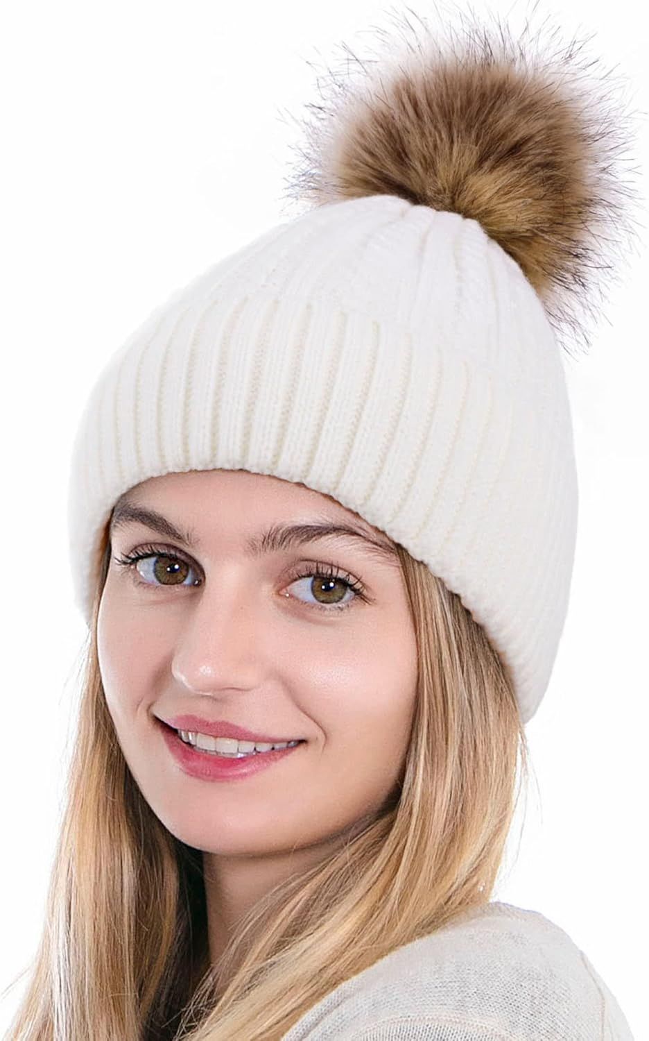 Simplicity Womens Beanie Hat Winter Hat Warm Fleece Lined Cable Knit Skull Ski Pom Pom Beanie | Amazon (US)