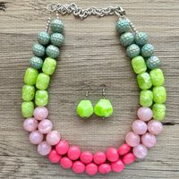 Lime Green & Pink Necklace, Multi Strand Colorful Jewelry, Big Beaded Chunky Statement Necklace, Hot Pink & Green Necklace | Etsy (US)
