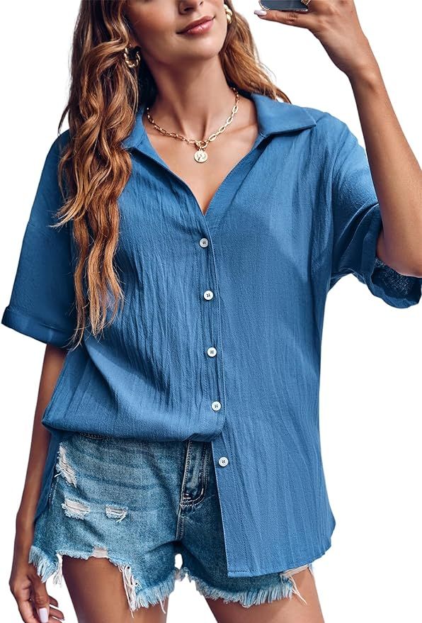 Womens Button Down V Neck Cotton Shirts Casual Short Sleeve Blouses Loose Fit Collared Shirt Work... | Amazon (US)