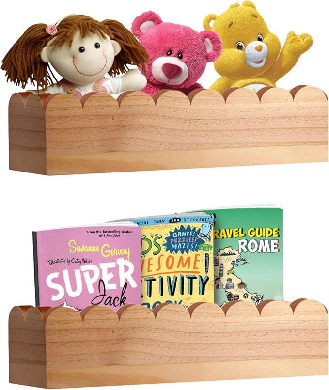 Scalloped Shelves - Set of 2 Pre-assembled Floating Nursery Book Shelves, Natural Wood Scalloped ... | Amazon (US)