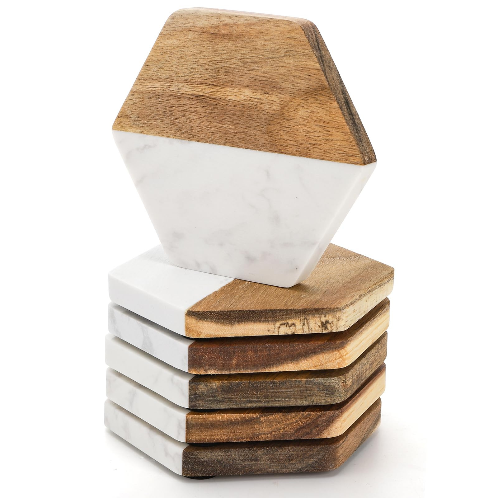 ZENFUN Set of 6 Marble Wood Coaster, Hexagon Geometric Coasters, Handcrafted Marble Coasters Set ... | Amazon (US)