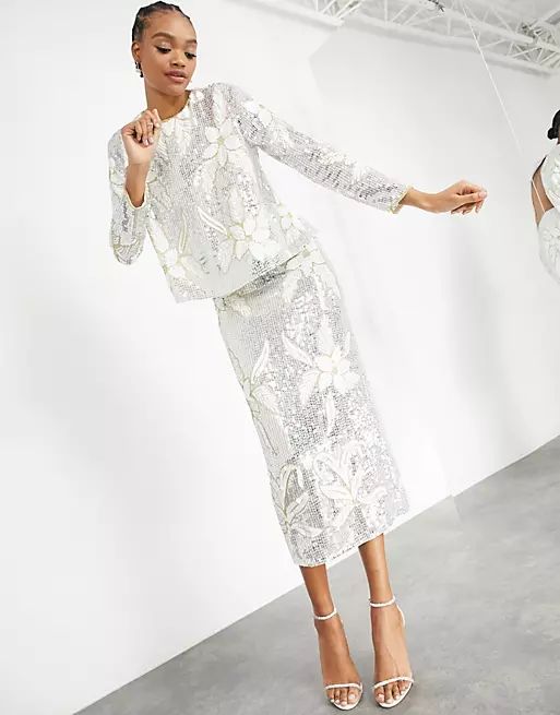 ASOS EDITION floral sequin midi skirt in silver and white | ASOS (Global)