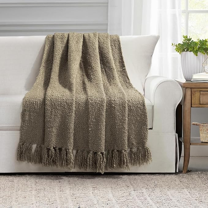 Lush Decor Tulum Boucle Textured Woven Fringed Throw Blanket Single 50" W x 60" L Neutral - Soft ... | Amazon (US)