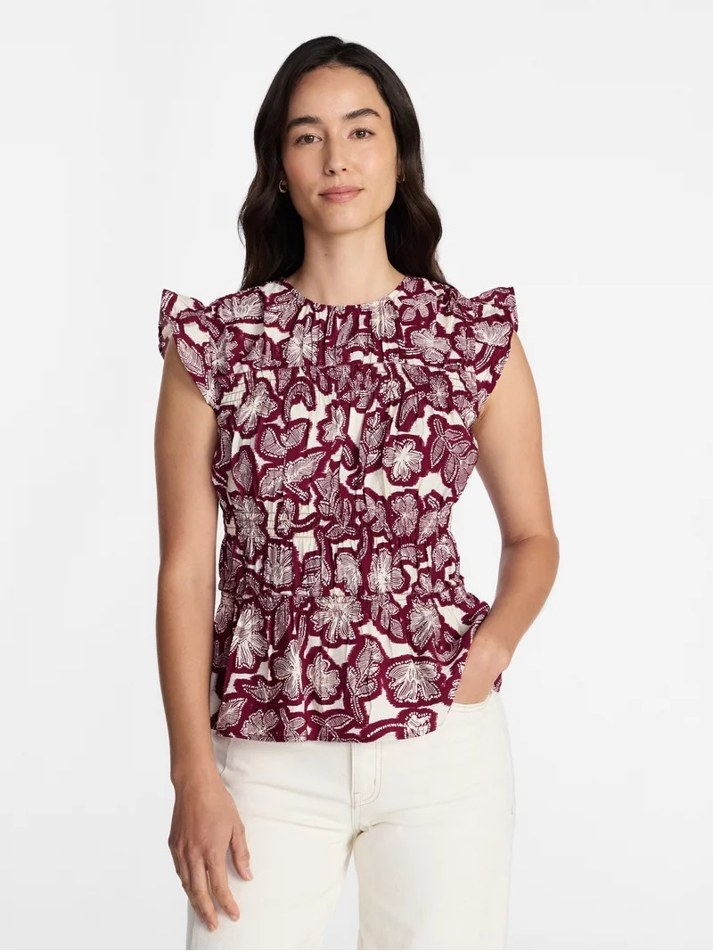 Time and Tru Women's Sleeveless Smocked Top with Ruffle Trim, Sizes XS-XXXL | Walmart (US)