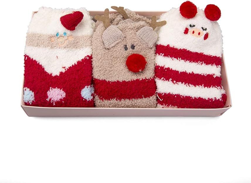 Christmas Fuzzy Socks for Girls - 3 Pairs of Women Cabin Slipper Socks Cute Animal Super Warm | Amazon (US)