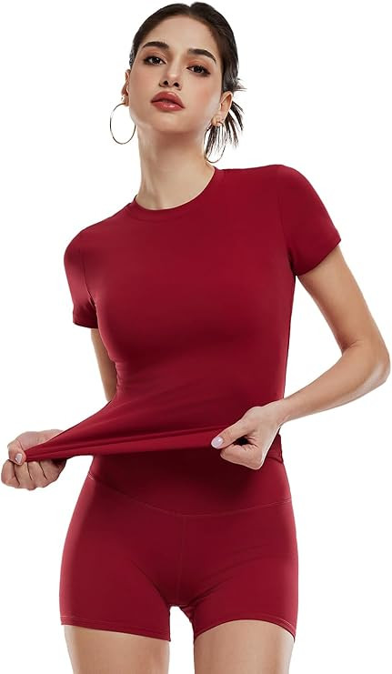 Women’s 2 Piece Workout Set, Slim Fit Crew Neck T Shirt & High Waisted 4 Inch Athletic Shorts, ... | Amazon (US)