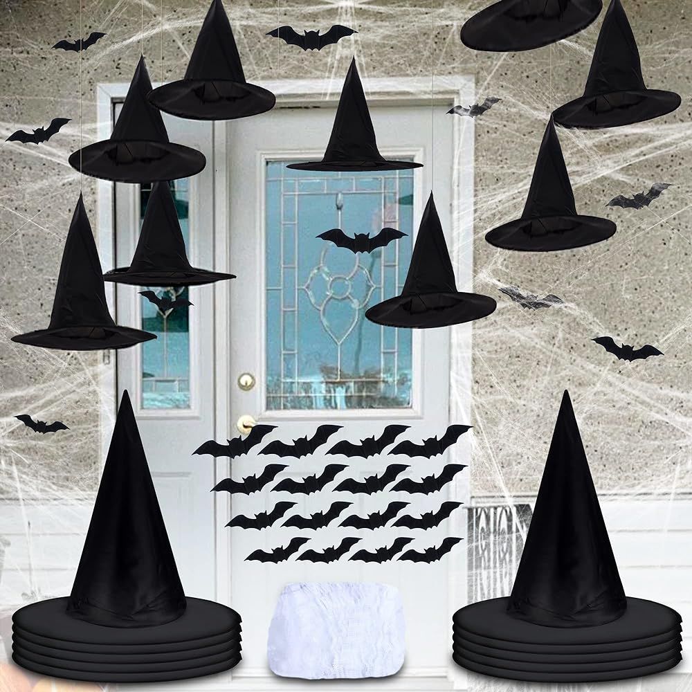 algpty 10 Pieces Halloween Witches Hats Black | Hanging Witch Hats Decorations with Spider Web an... | Amazon (US)