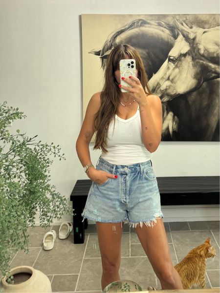 I sized up in the shorts & down in the tank. #denimshorts 

Phone case is Velvet Caviar. 