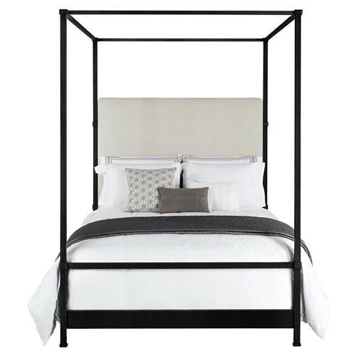 Open Box Quade Cream Performance Upholstered Matte Black Iron Canopy Bed - King | Kathy Kuo Home