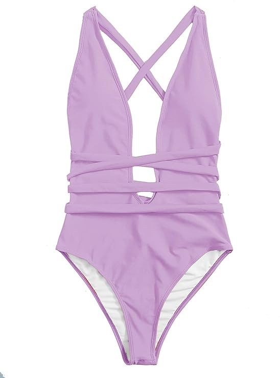 SweatyRocks Women's Sexy Basic Criss Cross Tie Knot Front Deep V Open Back One Piece Swimwear | Amazon (US)
