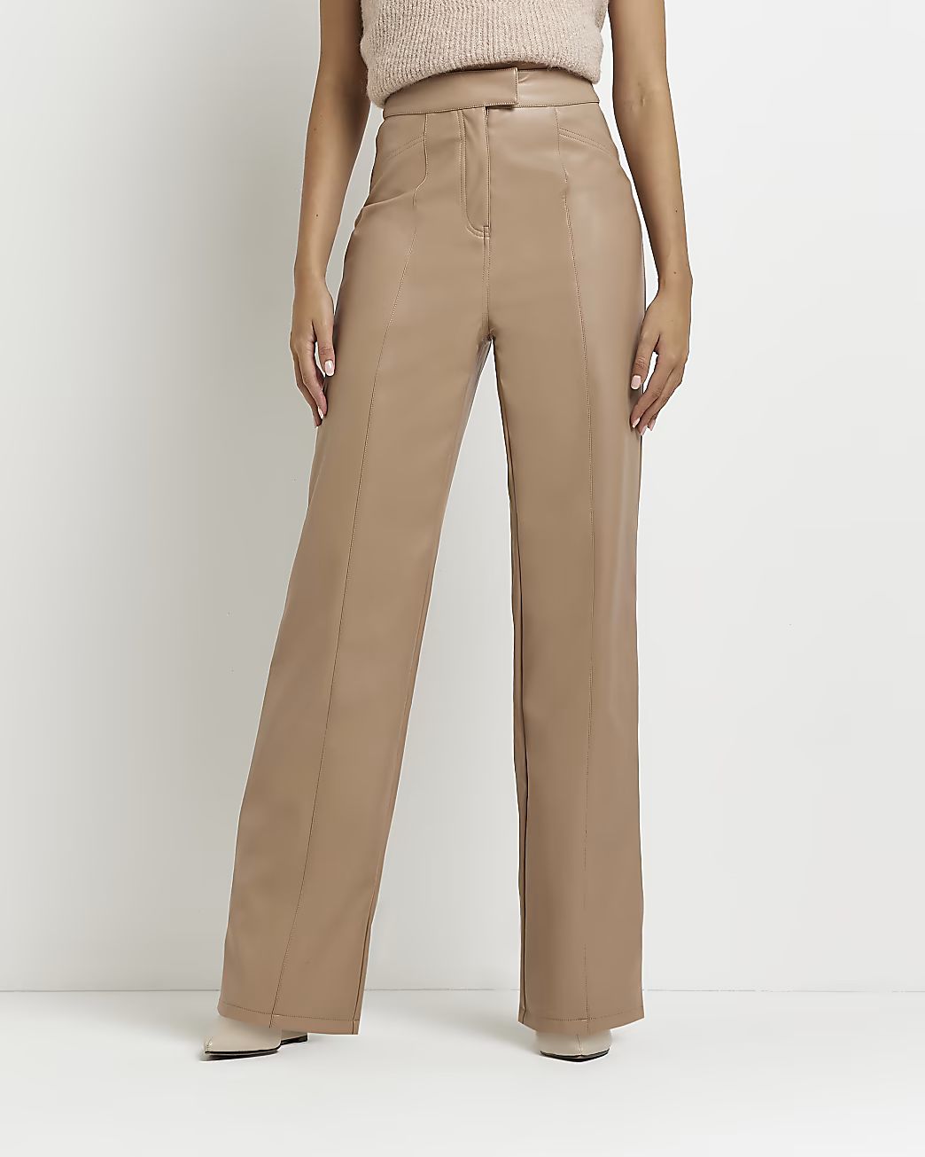 Brown faux leather straight trousers | River Island (US)