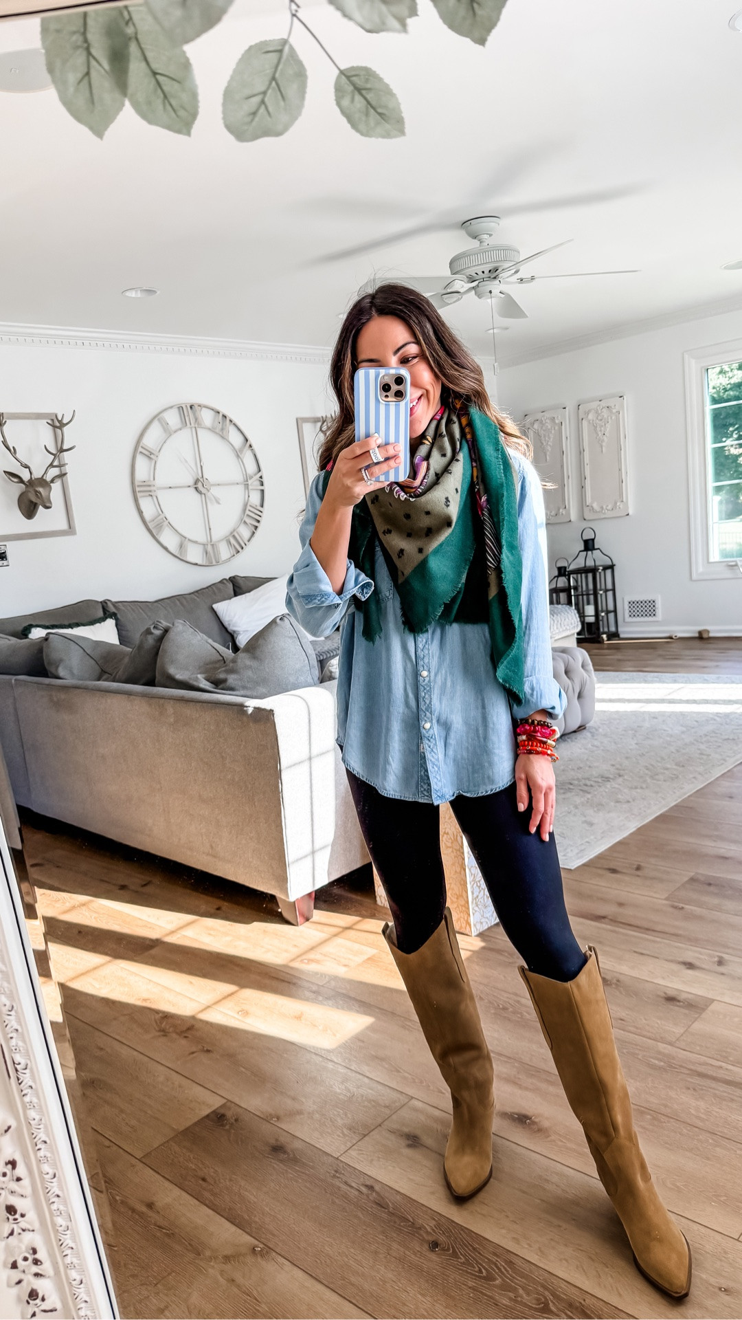 Knee-high boots TTS. Leggings XS. Denim shirt small. Scarf. Scarves.

#LTKOver40 #LTKPetite