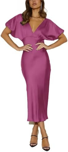 Satin V Neck Puffy Sleeves Silk Midi Dresses Empire Waist Elegant Tie Back Formal Cocktail Dress ... | Amazon (US)