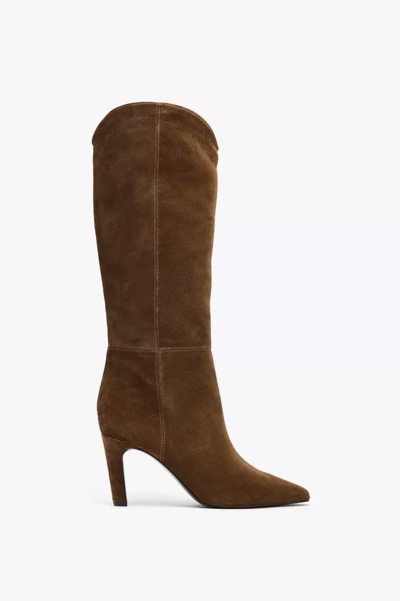STITCHED SPLIT LEATHER HEELED BOOTS | Zara US