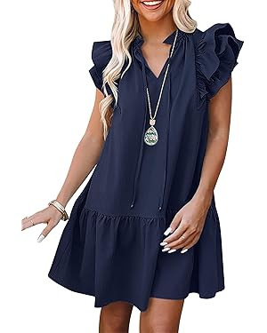 ANRABESS Womens Summer V-Neck Drawstring Ruffle Cap Short Sleeve Casual Shift Mini Dress with Poc... | Amazon (US)