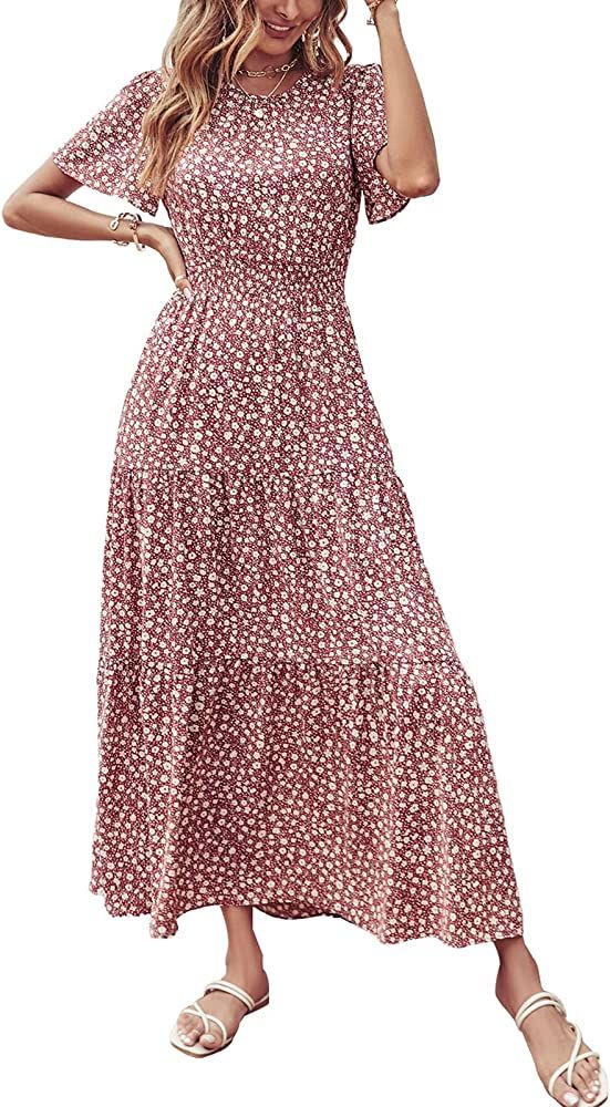 PRETTYGARDEN Women Short Sleeve Crew Neck Smocked Elastic Waist Tiered Maxi Dress Summer Boho Floral | Amazon (US)