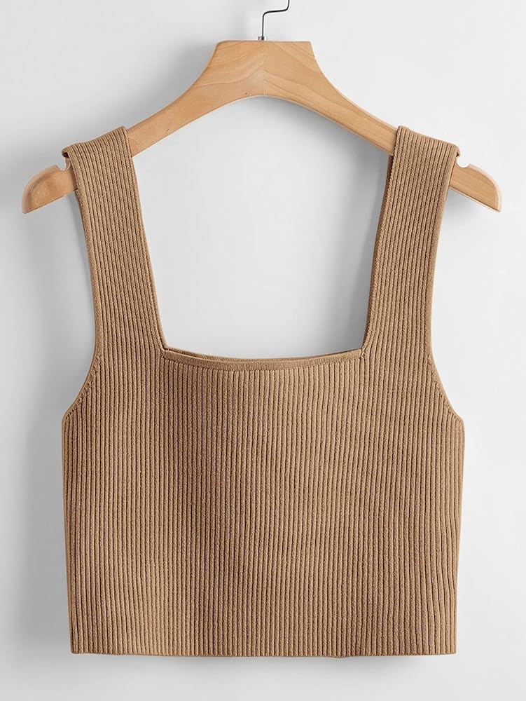 Verdusa Women's Square Neck Sleeveless Solid Ribbed Knit Crop Top Tank Brown Top Tan Top Amazon | Amazon (US)