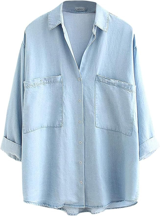 Womens Denim Shirt Chambray Blue Button Down Jean Shirts Denim Tencel 3/4 Sleeve Tops | Amazon (US)