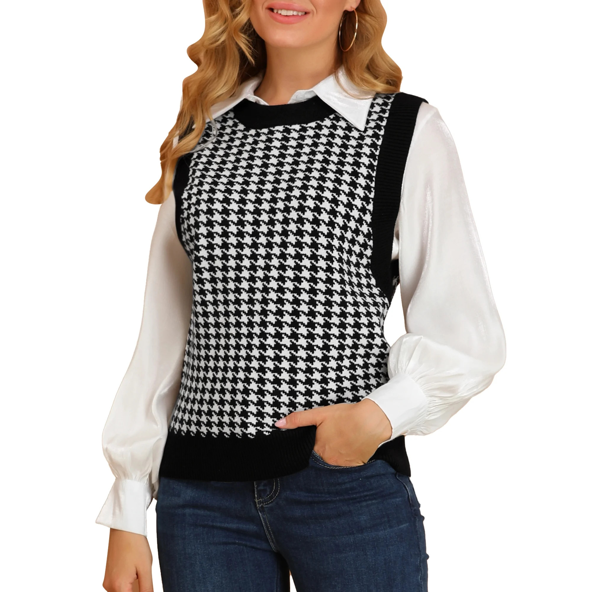INSPIRE CHIC Women's Sweater Round Neck Sleeveless Houndstooth Plaid Knitted Sweater XS Black | Walmart (US)