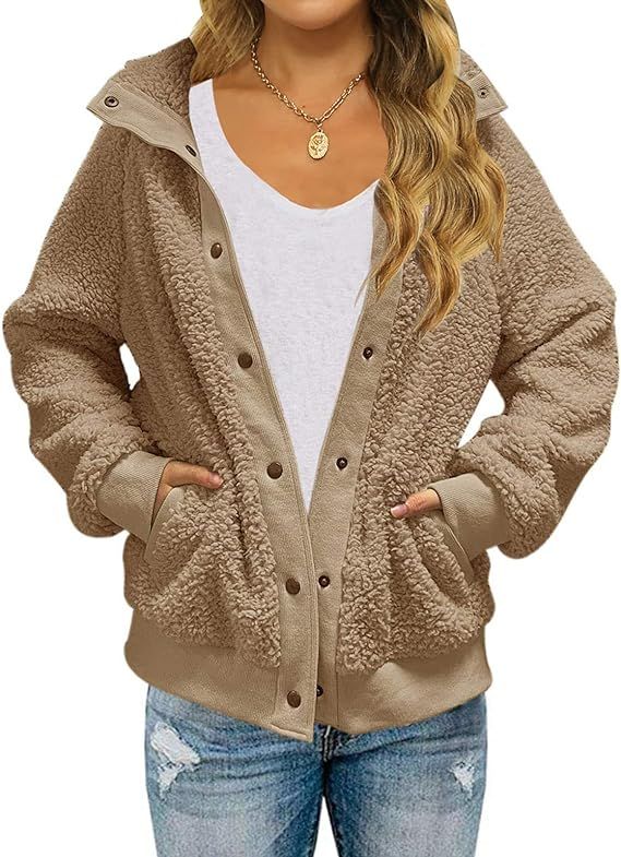 MEROKEETY Womens Winter Long Sleeve Button Sherpa Jacket Coat Pockets Warm Fleece | Amazon (US)