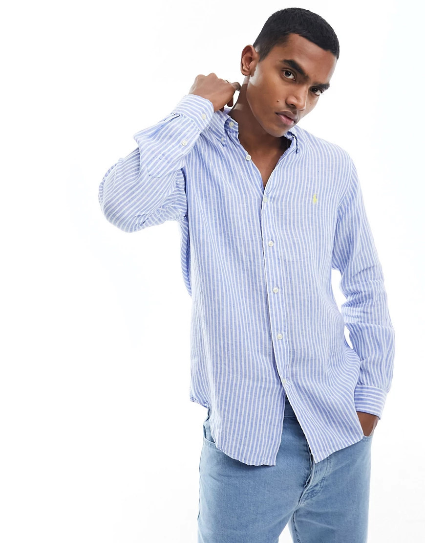 Polo Ralph Lauren icon logo stripe linen shirt in blue/white | ASOS (Global)