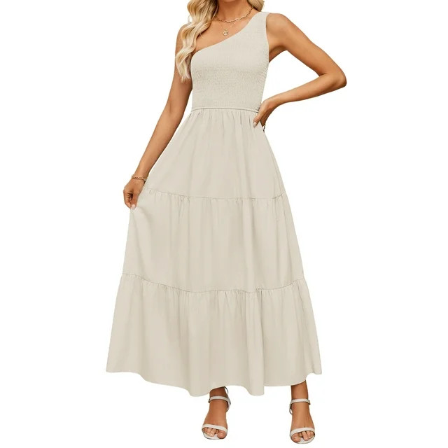 YOGAFOX Women One Shoulder Sleeveless Ruffle Tiered Boho Maxi Dress Beige M | Walmart (US)