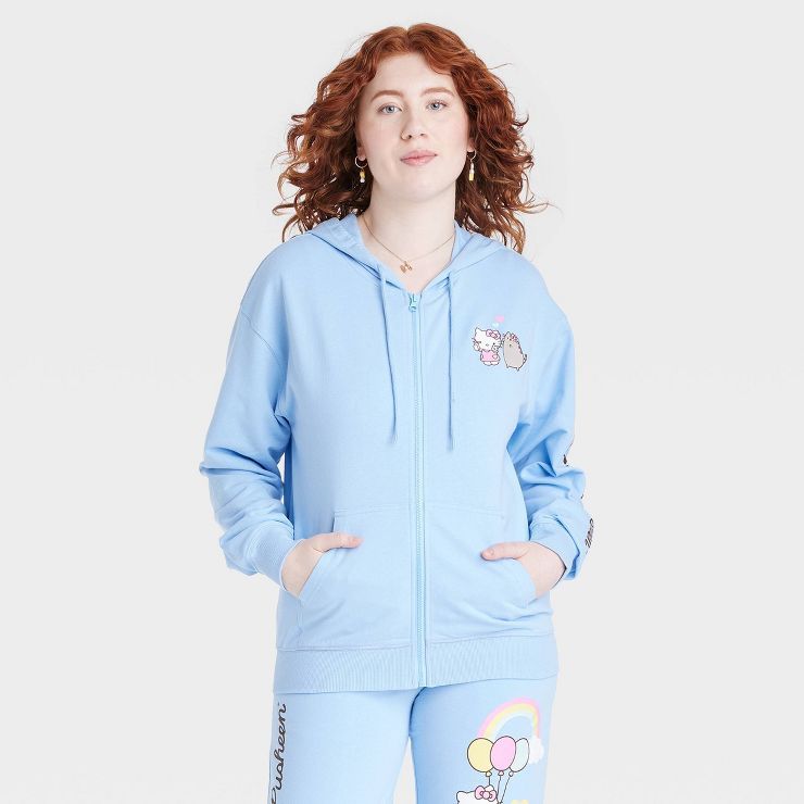 Women's Hello Kitty and Pusheen Graphic Zip-Up Sweatshirt - Blue | Target