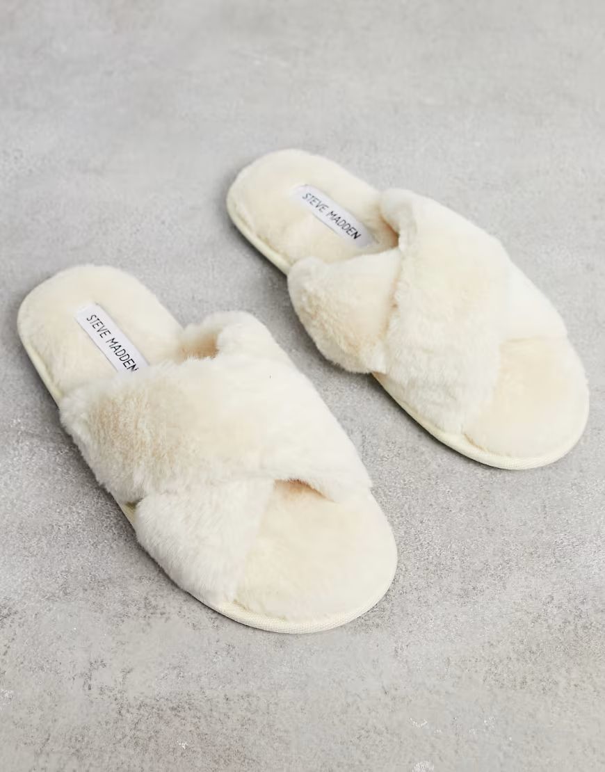 Steve Madden fluffy slippers in cream-White | ASOS (Global)