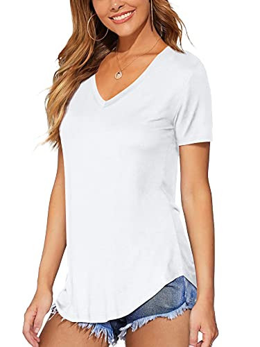 DittyandVibe Women Summer Tops V Neck T Shirts Curved Hem Shirts (White,2XL) | Amazon (US)