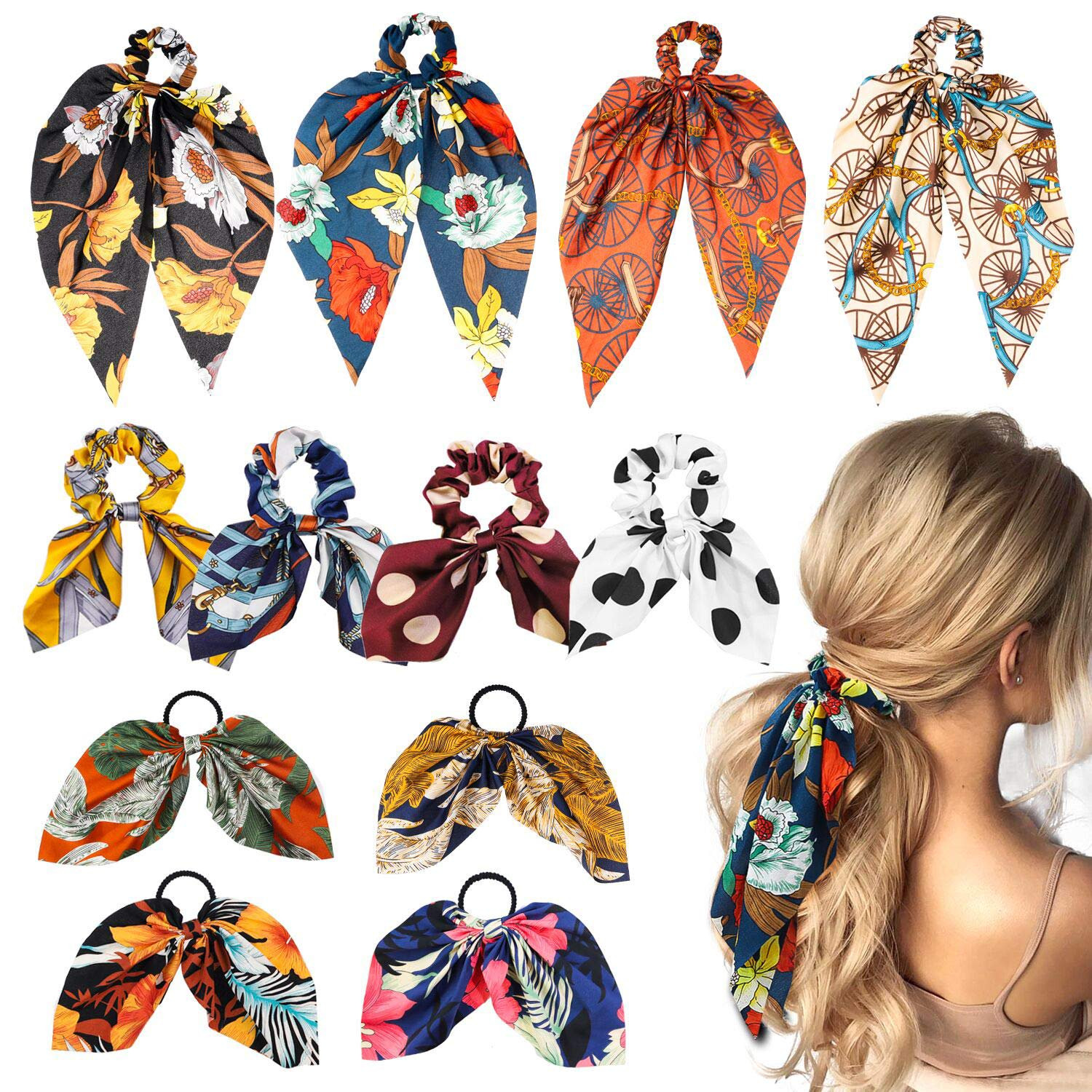 JoyX 12 Pcs Bowknot Hair Scrunchies Silk Satin Scarf Hair Ties Chiffon Floral Scrunchie Ponytail ... | Walmart (US)